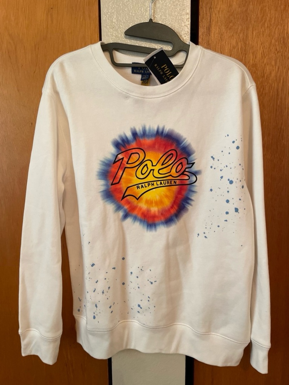 Ralph Lauren White Crewneck with Multicolor Tie-Dye Polo Graphic